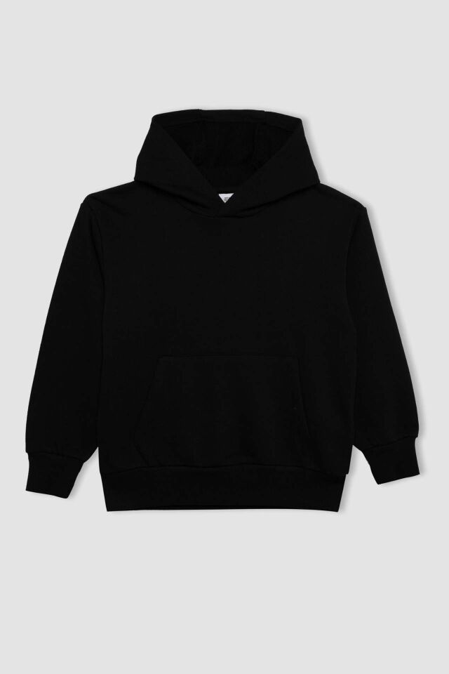 Erkek Çocuk Siyah Cepli Kapüşonlu Kalın Basic Düz Okul Sweatshirt