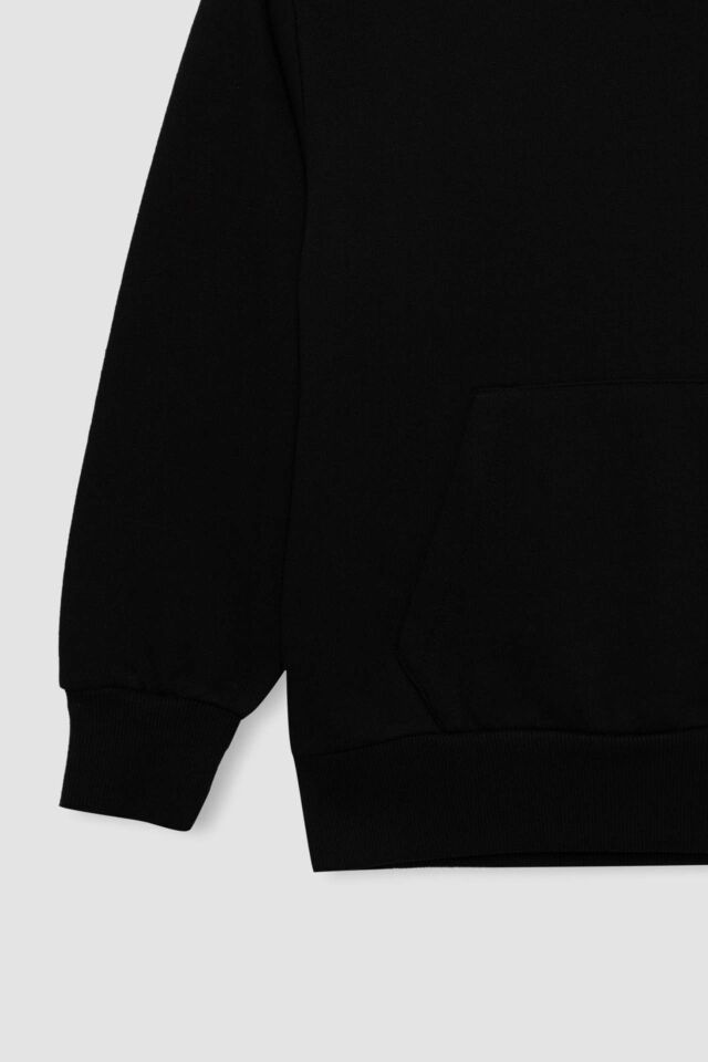 Erkek Çocuk Siyah Cepli Kapüşonlu Kalın Basic Düz Okul Sweatshirt