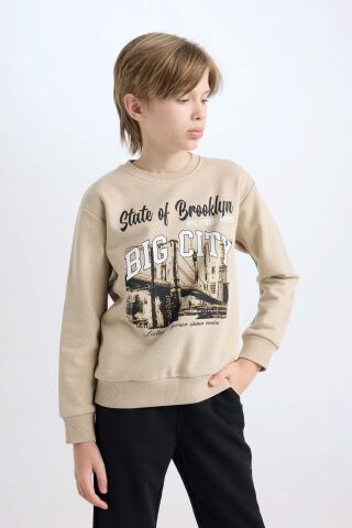 Erkek Çocuk 2'li Takım Baskılı Bisiklet Yaka Kalın Sweatshirt Beli Lastikli Jogger Eşofman Altı