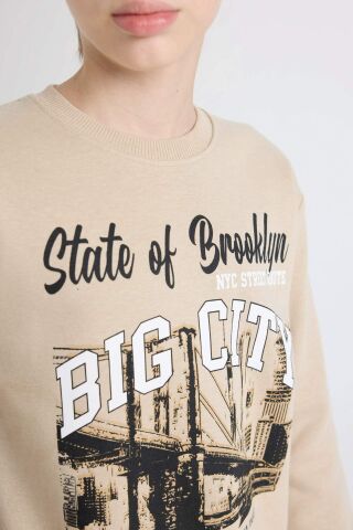 Erkek Çocuk 2'li Takım Baskılı Bisiklet Yaka Kalın Sweatshirt Beli Lastikli Jogger Eşofman Altı
