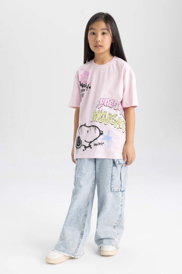 Kız Çocuk Snoopy Oversize Geniş Kalıp Bisiklet Yaka Kısa Kollu Tişört