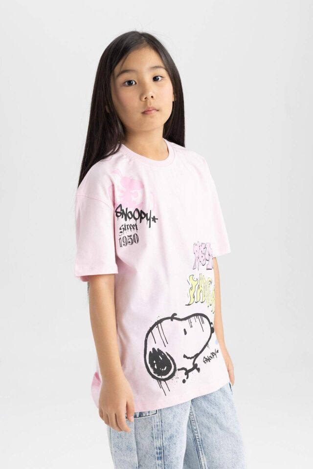Kız Çocuk Snoopy Oversize Geniş Kalıp Bisiklet Yaka Kısa Kollu Tişört