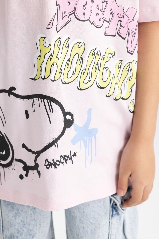 Kız Çocuk Snoopy Oversize Geniş Kalıp Bisiklet Yaka Kısa Kollu Tişört