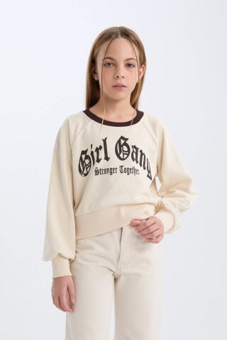 Kız Çocuk Relax Fit Bisiklet Yaka Baskılı İçi Yumuşak Tüylü Sweatshirt