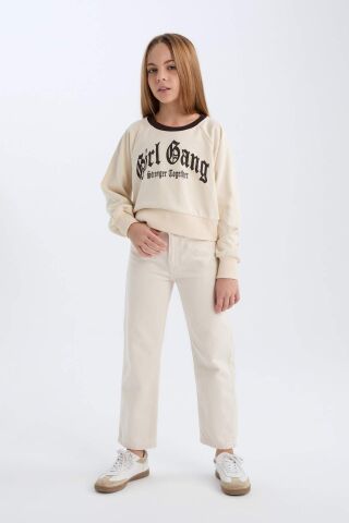 Kız Çocuk Relax Fit Bisiklet Yaka Baskılı İçi Yumuşak Tüylü Sweatshirt