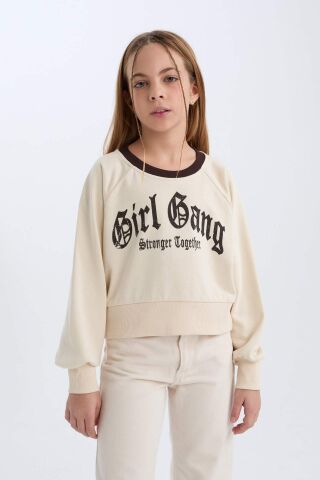 Kız Çocuk Relax Fit Bisiklet Yaka Baskılı İçi Yumuşak Tüylü Sweatshirt
