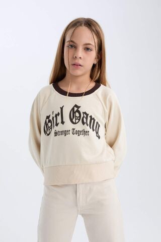 Kız Çocuk Relax Fit Bisiklet Yaka Baskılı İçi Yumuşak Tüylü Sweatshirt