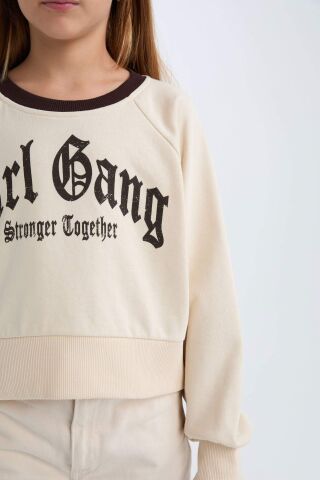 Kız Çocuk Relax Fit Bisiklet Yaka Baskılı İçi Yumuşak Tüylü Sweatshirt