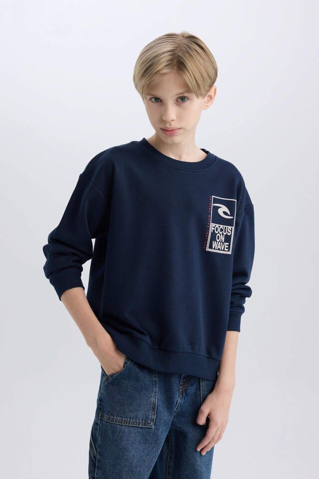 Erkek Çocuk Oversize Geniş Kalıp Bisiklet Yaka Sırt Baskılı Sweatshirt