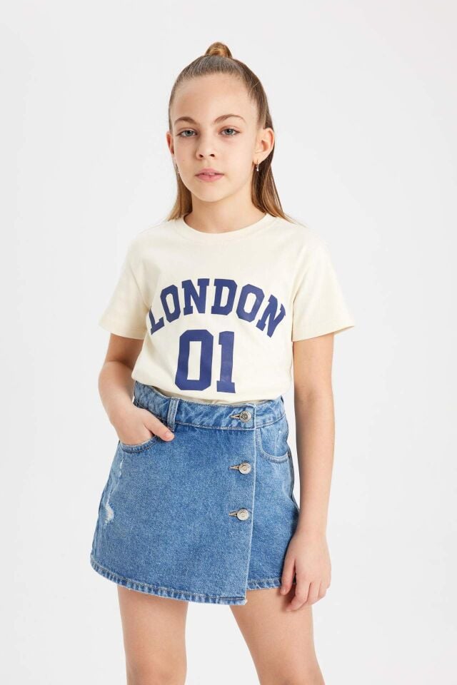 Kız Çocuk Slim Fit Dar Kesim Bisiklet Yaka Fitilli Kaşkorse Baskılı Kısa Kollu Tişört