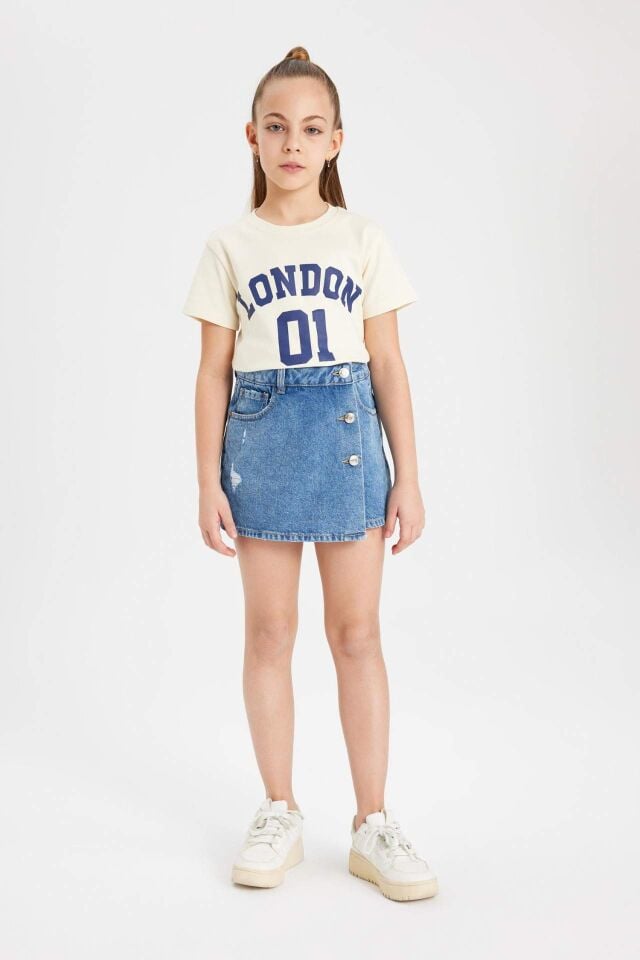 Kız Çocuk Slim Fit Dar Kesim Bisiklet Yaka Fitilli Kaşkorse Baskılı Kısa Kollu Tişört