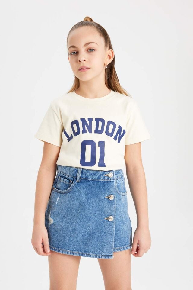 Kız Çocuk Slim Fit Dar Kesim Bisiklet Yaka Fitilli Kaşkorse Baskılı Kısa Kollu Tişört