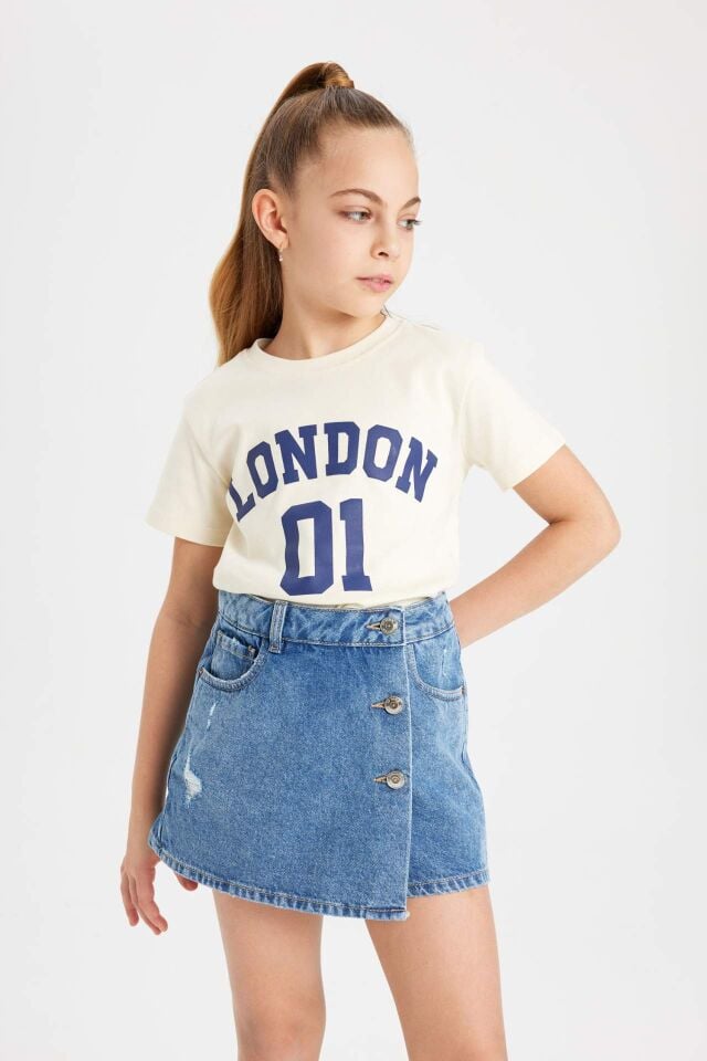 Kız Çocuk Slim Fit Dar Kesim Bisiklet Yaka Fitilli Kaşkorse Baskılı Kısa Kollu Tişört