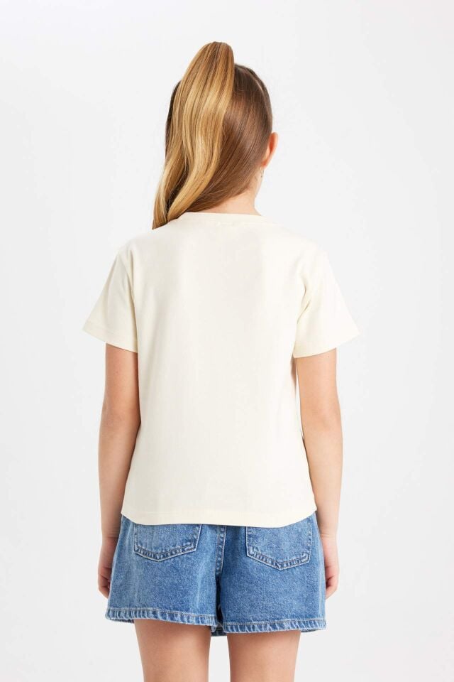 Kız Çocuk Slim Fit Dar Kesim Bisiklet Yaka Fitilli Kaşkorse Baskılı Kısa Kollu Tişört