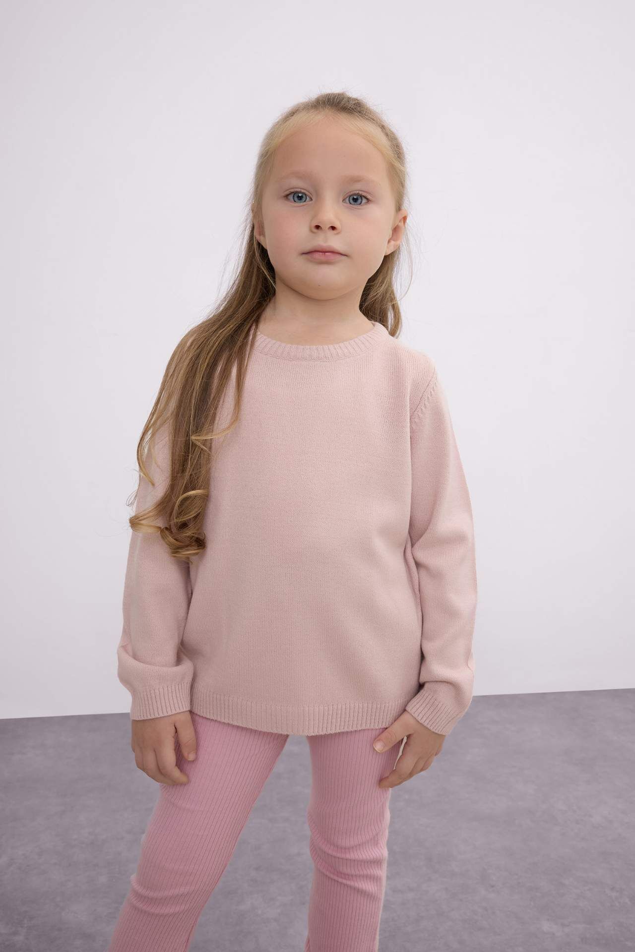 Kız Bebek Açık Pembe Bisiklet Yaka Basic Düz Triko Kazak
