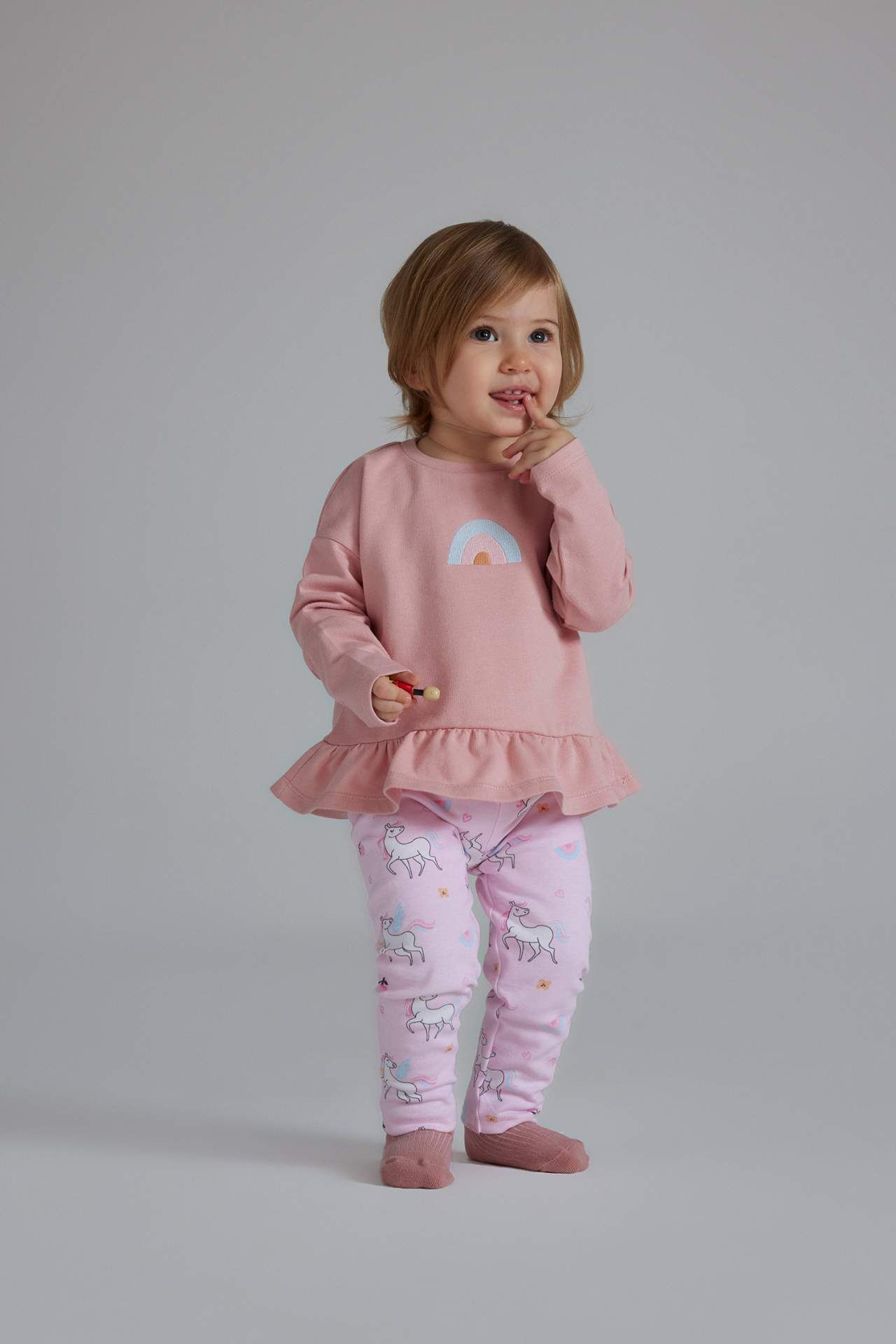 Kız Bebek 2'li Takım Bisiklet Yaka Sweatshirt Unicorn Baskılı Beli Lastikli Alt