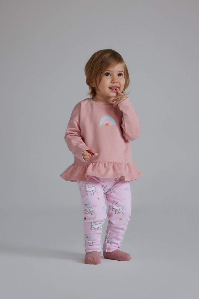Kız Bebek 2'li Takım Bisiklet Yaka Sweatshirt Unicorn Baskılı Beli Lastikli Alt