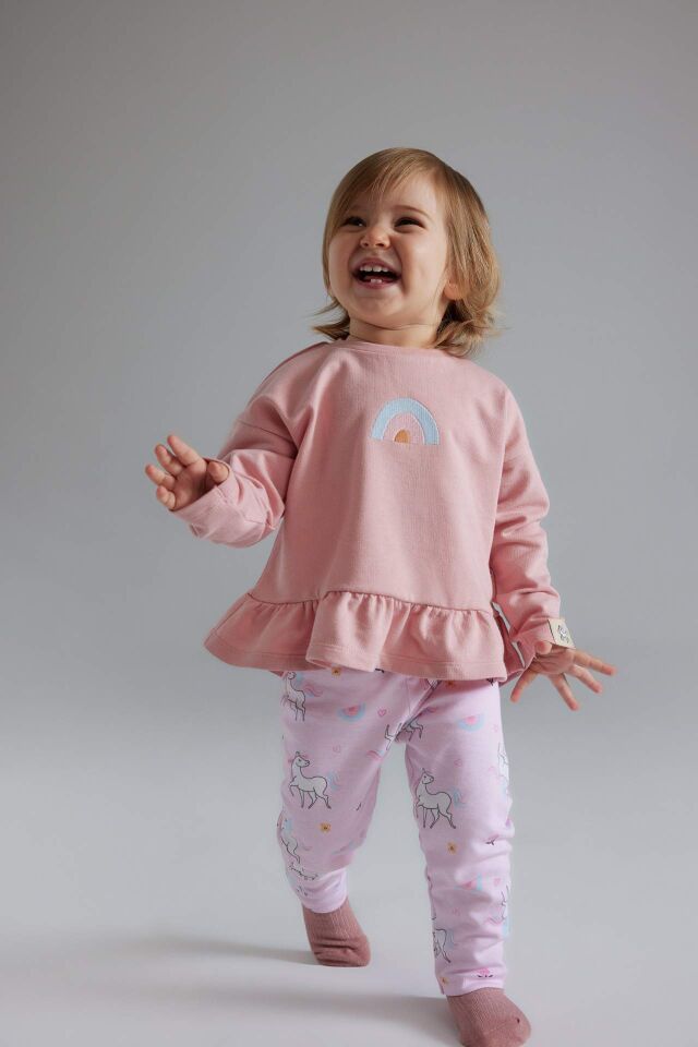 Kız Bebek 2'li Takım Bisiklet Yaka Sweatshirt Unicorn Baskılı Beli Lastikli Alt