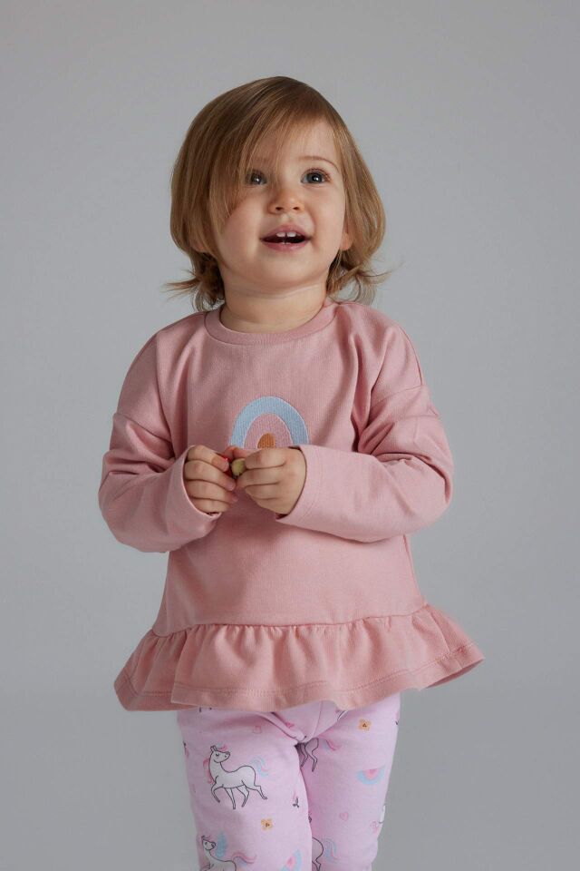 Kız Bebek 2'li Takım Bisiklet Yaka Sweatshirt Unicorn Baskılı Beli Lastikli Alt