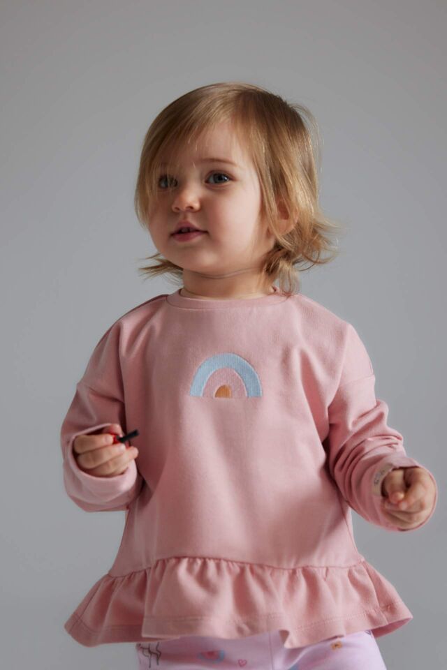 Kız Bebek 2'li Takım Bisiklet Yaka Sweatshirt Unicorn Baskılı Beli Lastikli Alt