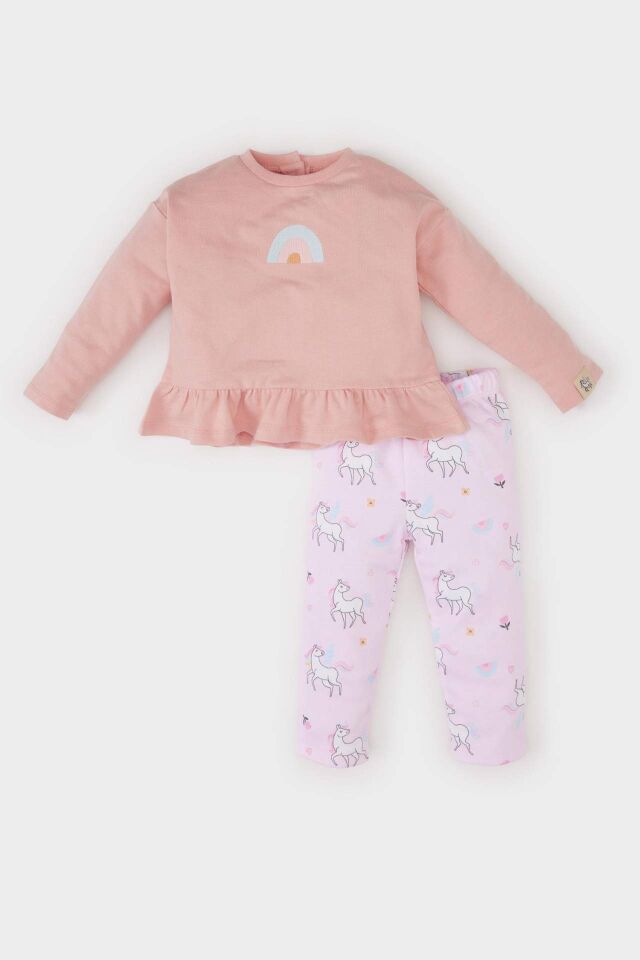 Kız Bebek 2'li Takım Bisiklet Yaka Sweatshirt Unicorn Baskılı Beli Lastikli Alt
