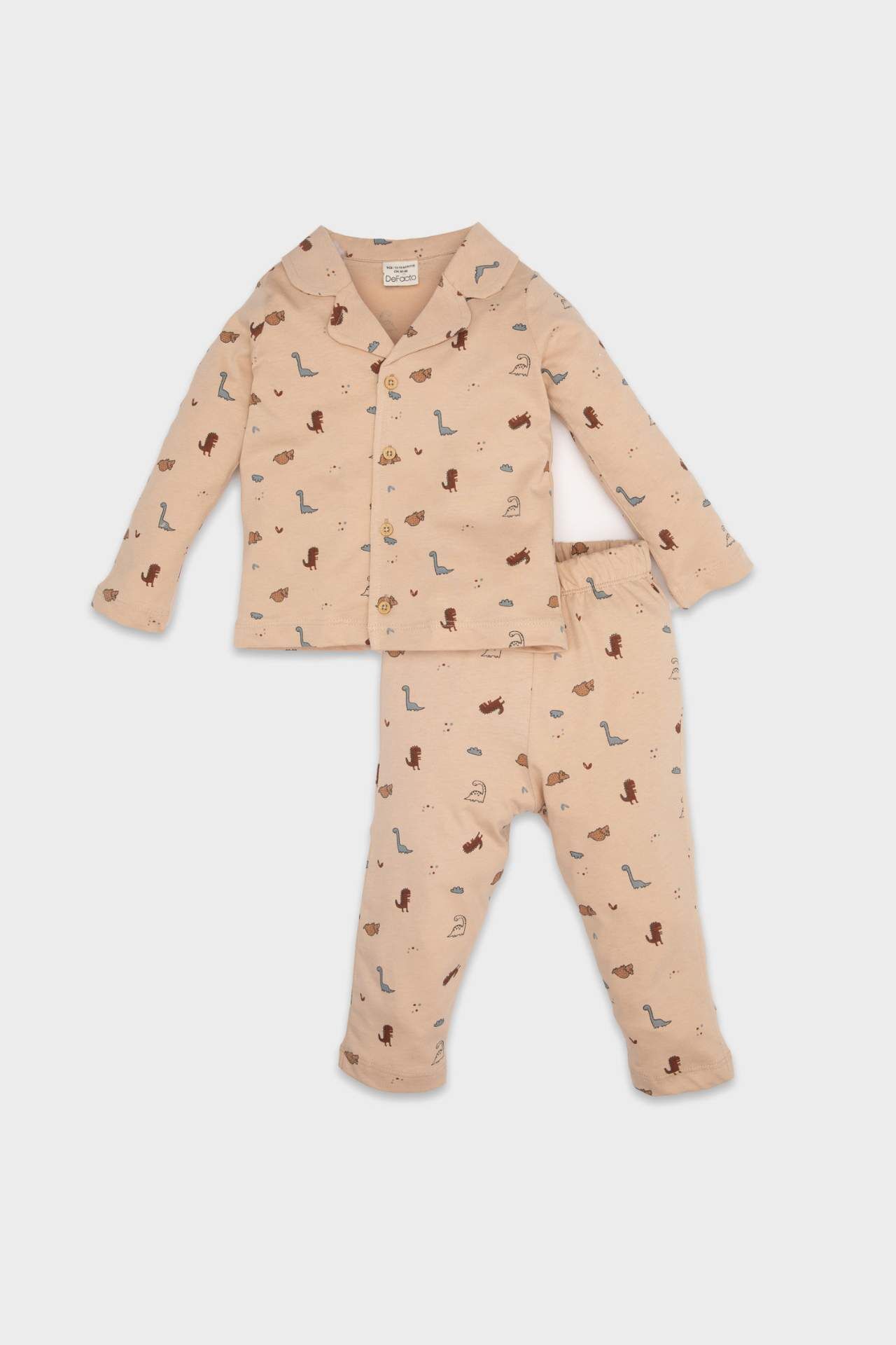 Erkek Bebek Pijama Takımı Dinazor Desenli Uzun Kollu Penye Üst Beli Lastikli Uzun Alt