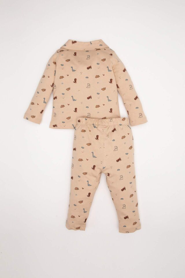 Erkek Bebek Pijama Takımı Dinazor Desenli Uzun Kollu Penye Üst Beli Lastikli Uzun Alt