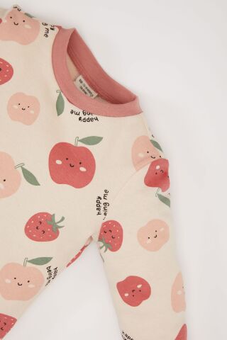 Kız Bebek Pijama Takımı Bisiklet Yaka Meyve Desenli Uzun Kollu Üst Beli Lastikli Uzun Alt