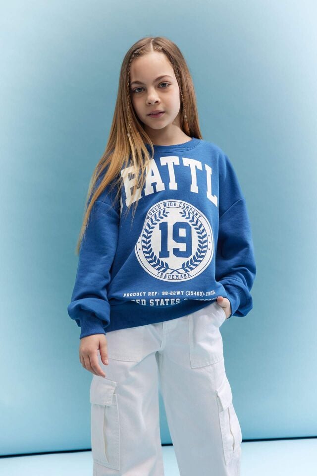 Kız Çocuk Oversize Geniş Kalıp Bisiklet Yaka Baskılı Sweatshirt