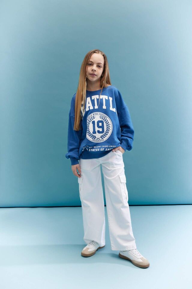 Kız Çocuk Oversize Geniş Kalıp Bisiklet Yaka Baskılı Sweatshirt