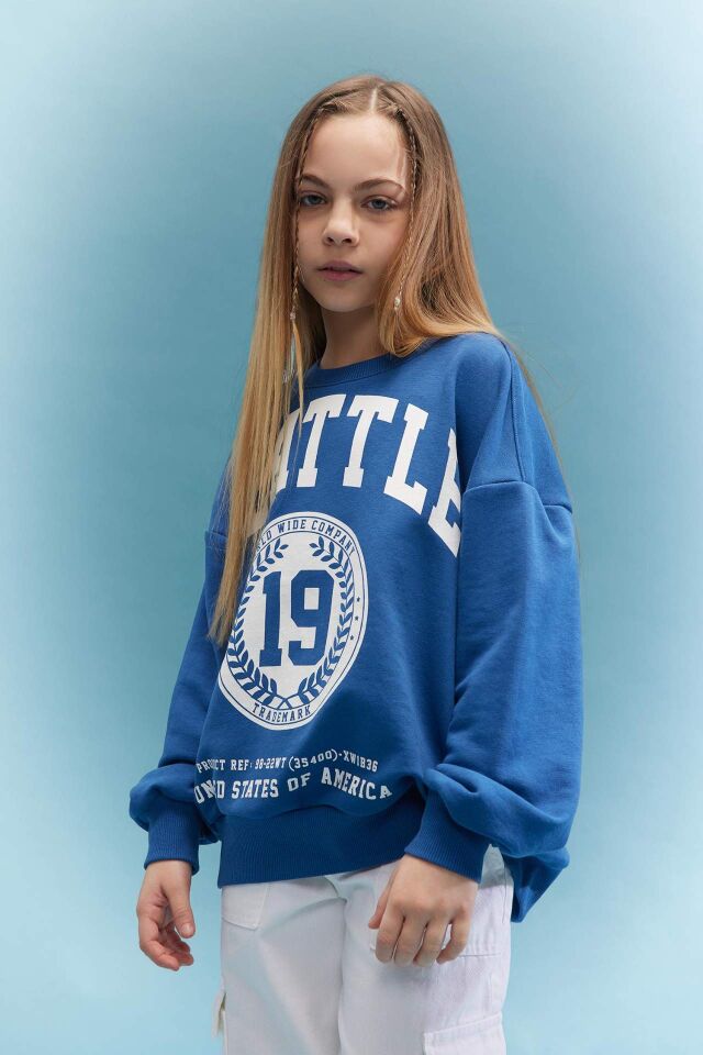 Kız Çocuk Oversize Geniş Kalıp Bisiklet Yaka Baskılı Sweatshirt
