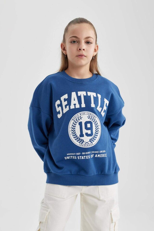 Kız Çocuk Oversize Geniş Kalıp Bisiklet Yaka Baskılı Sweatshirt