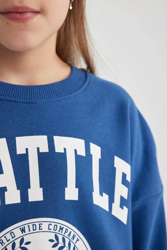 Kız Çocuk Oversize Geniş Kalıp Bisiklet Yaka Baskılı Sweatshirt