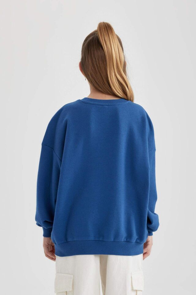 Kız Çocuk Oversize Geniş Kalıp Bisiklet Yaka Baskılı Sweatshirt