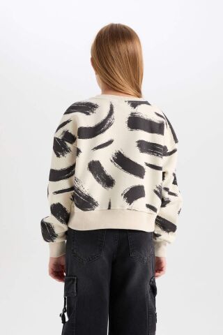 Kız Çocuk Desenli Bisiklet Yaka Sweatshirt