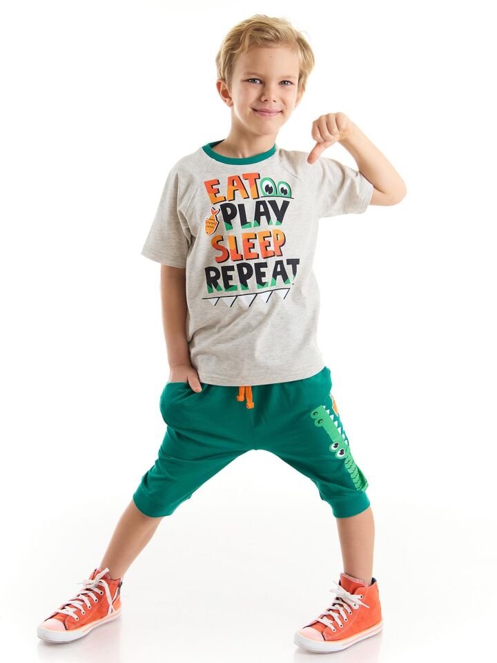 Oyun Zamanı Erkek Çocuk T-shirt Kapri Şort Takım 3 Y - Yeşil, Açık Gri
