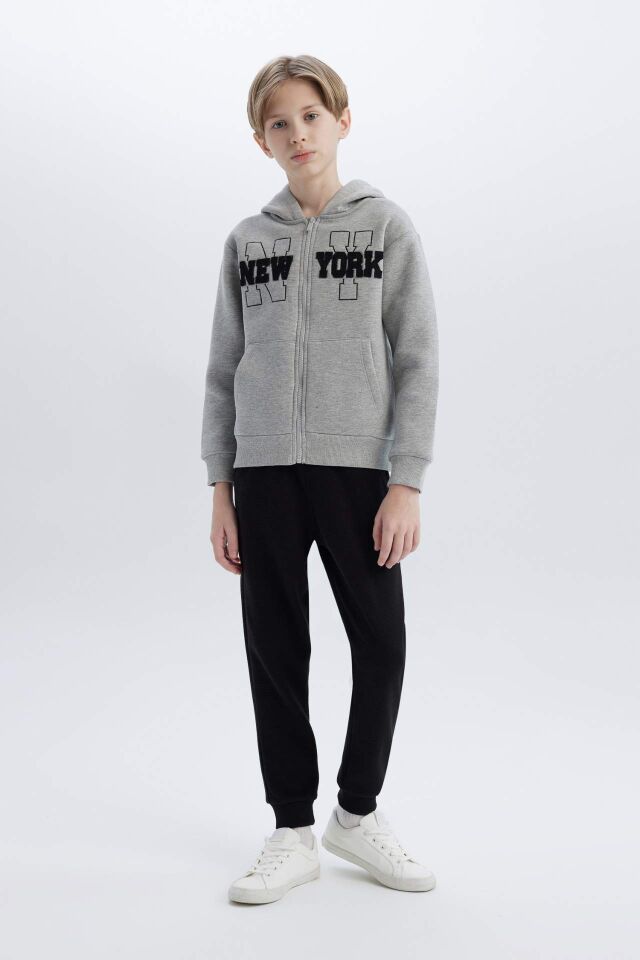 Erkek Çocuk 2'li Takım Kapüşonlu Baskılı Fermuarlı Sweatshirt Beli Lastikli Eşofman Altı