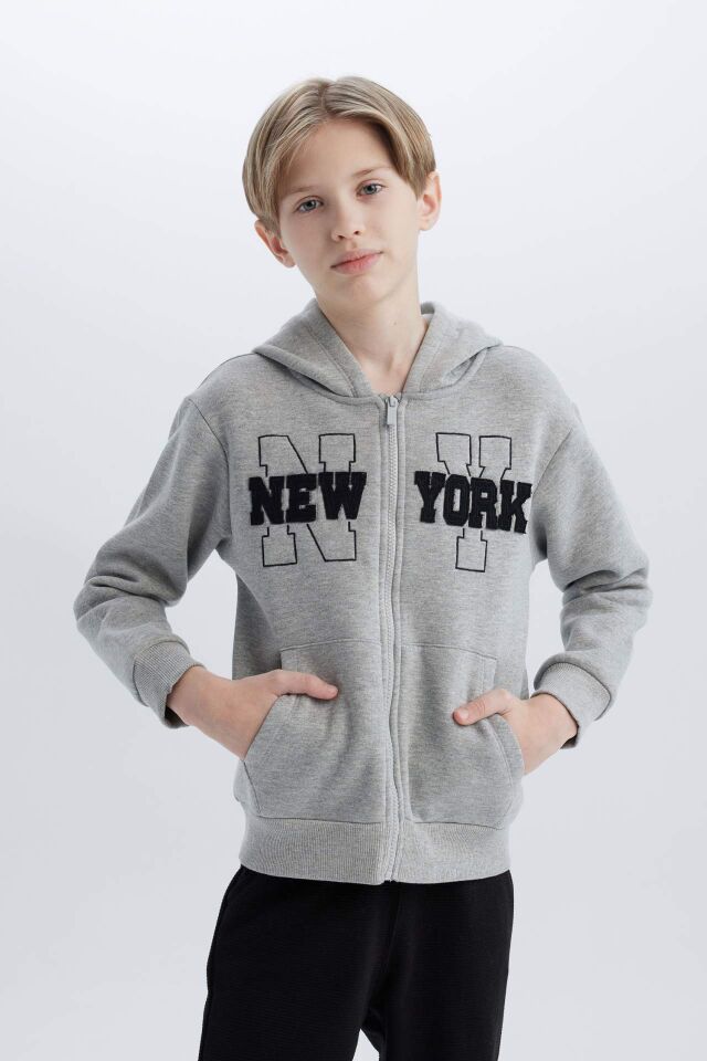 Erkek Çocuk 2'li Takım Kapüşonlu Baskılı Fermuarlı Sweatshirt Beli Lastikli Eşofman Altı