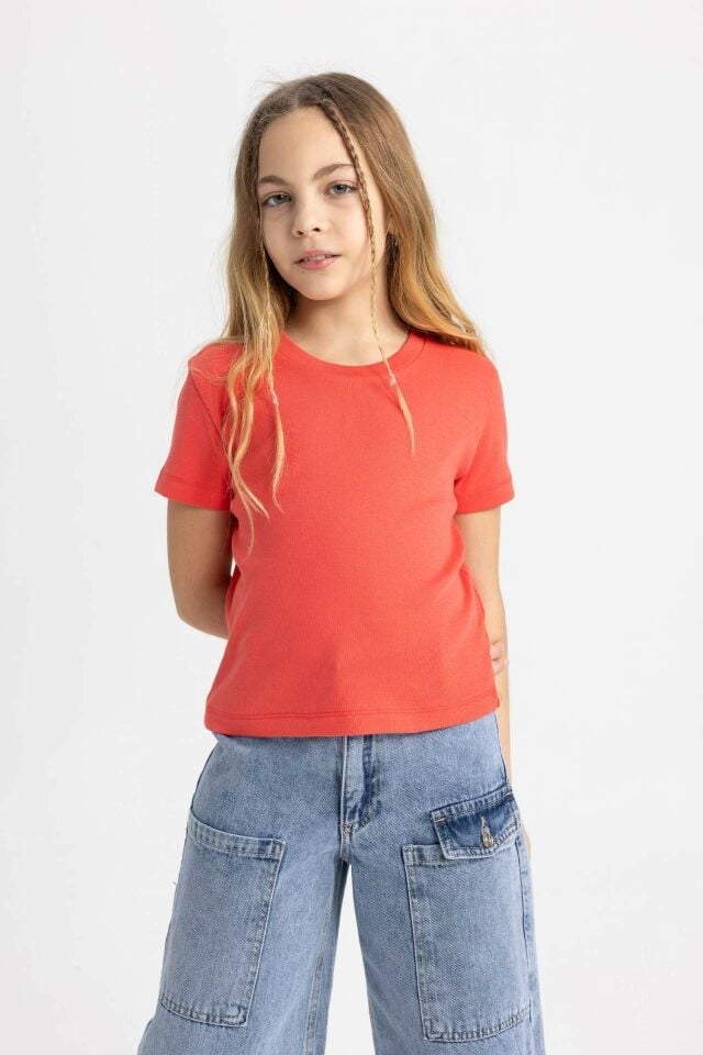 Kız Çocuk Slim Fit Dar Kesim Bisiklet Yaka Ribana Basic Düz Kısa Kollu Tişört