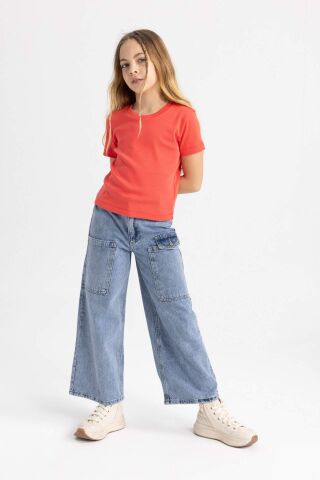 Kız Çocuk Slim Fit Dar Kesim Bisiklet Yaka Ribana Basic Düz Kısa Kollu Tişört