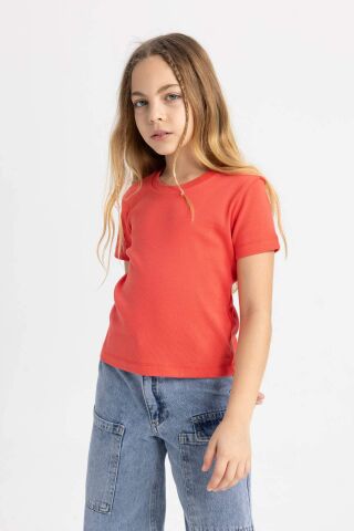 Kız Çocuk Slim Fit Dar Kesim Bisiklet Yaka Ribana Basic Düz Kısa Kollu Tişört