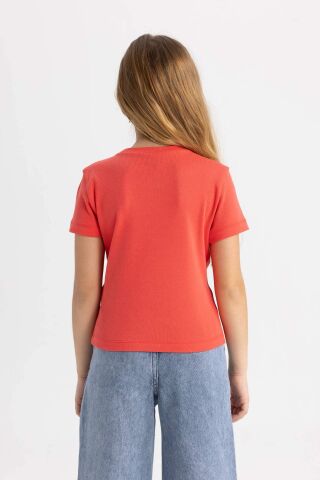 Kız Çocuk Slim Fit Dar Kesim Bisiklet Yaka Ribana Basic Düz Kısa Kollu Tişört