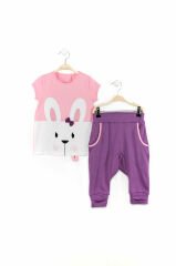 Tavşan Tozluklu Kız Çocuk T-shirt Kapri Şort Takım 2 Y - Pembe, Mor