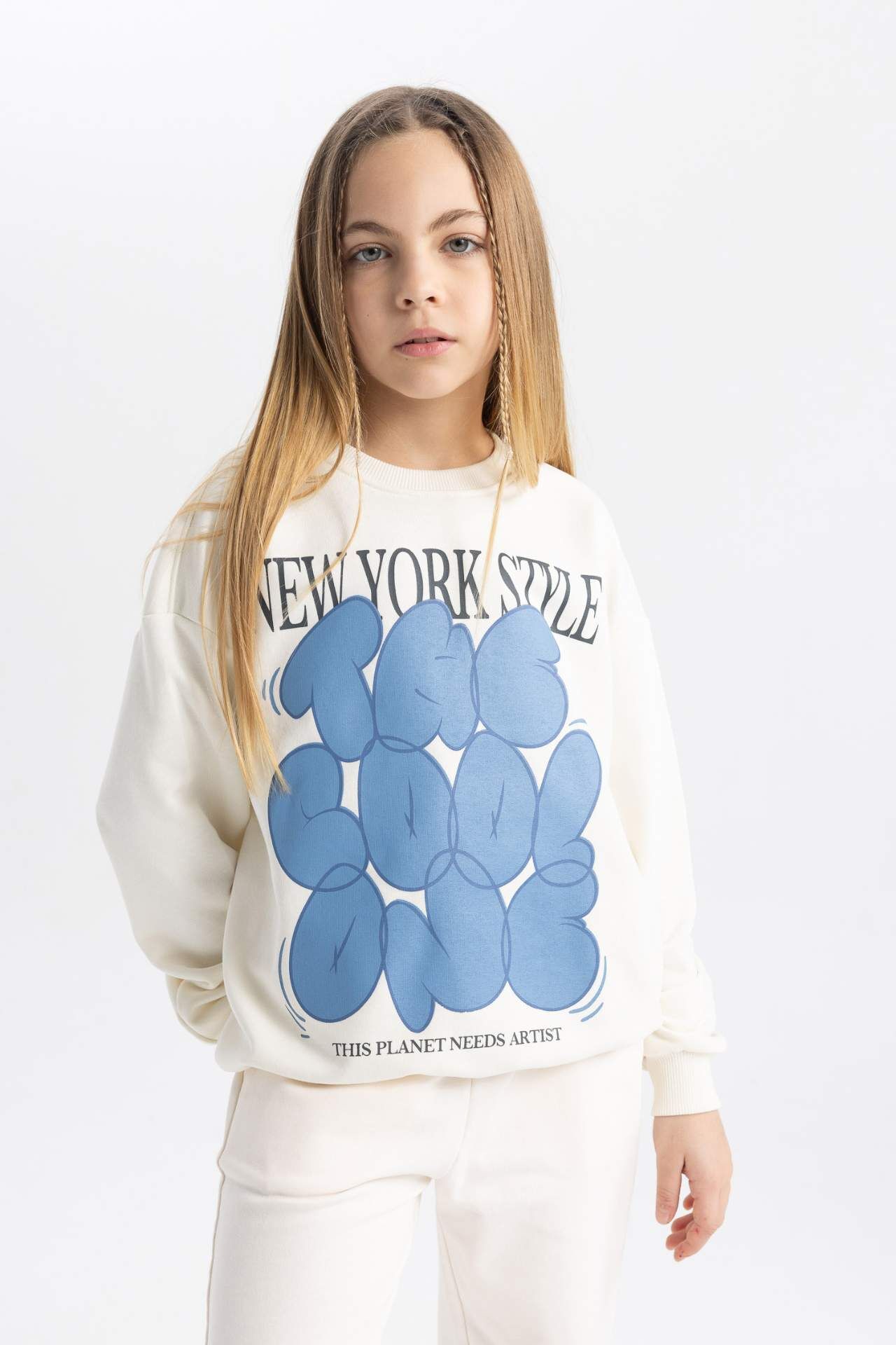 Kız Çocuk Oversize Geniş Kalıp Bisiklet Yaka Baskılı Sweatshirt