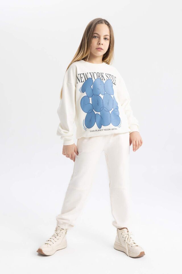 Kız Çocuk Oversize Geniş Kalıp Bisiklet Yaka Baskılı Sweatshirt