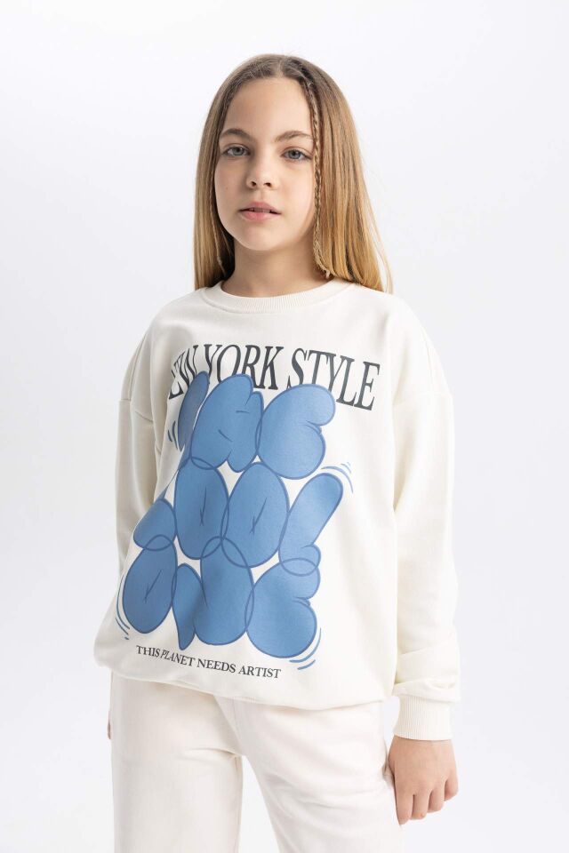 Kız Çocuk Oversize Geniş Kalıp Bisiklet Yaka Baskılı Sweatshirt