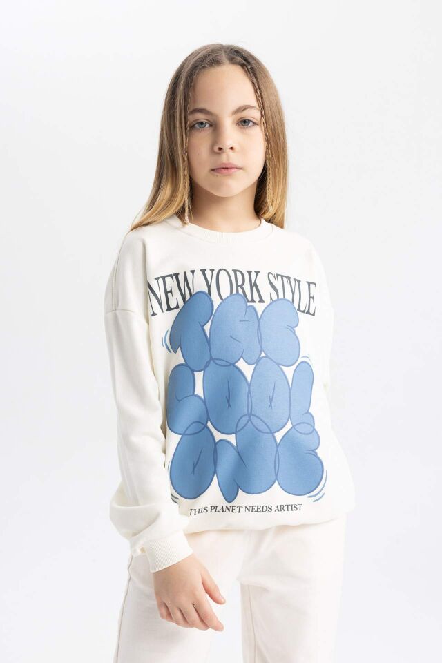 Kız Çocuk Oversize Geniş Kalıp Bisiklet Yaka Baskılı Sweatshirt