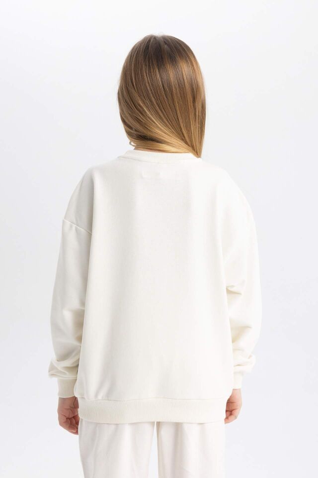 Kız Çocuk Oversize Geniş Kalıp Bisiklet Yaka Baskılı Sweatshirt