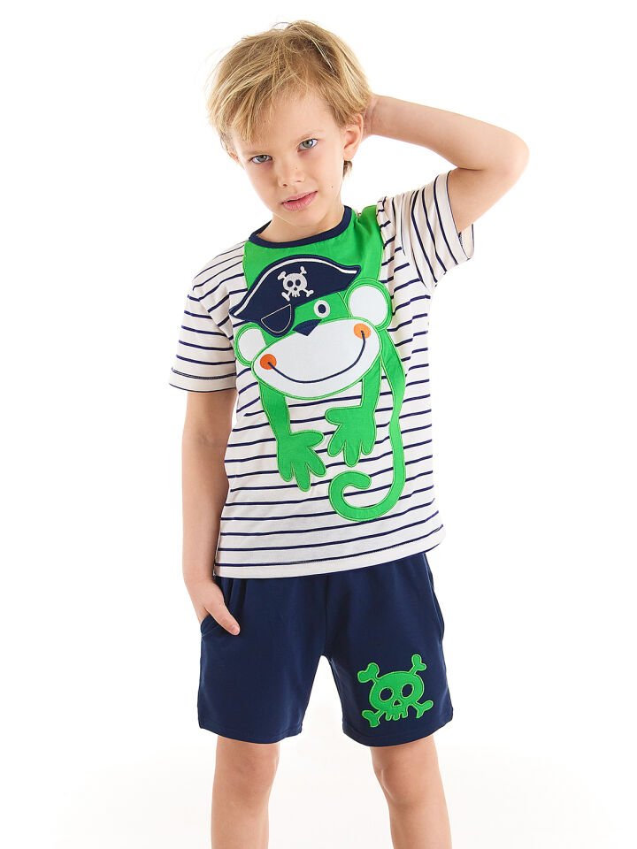 Korsan Maymun Erkek Çocuk Tshirt Şort Takım 2 Y - Beyaz, Lacivert