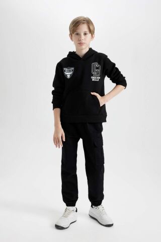 Erkek Çocuk Siyah NBA Chicago Bulls Oversize Geniş Kalıp Kapüşonlu Sırt Baskılı Kalın Sweatshirt